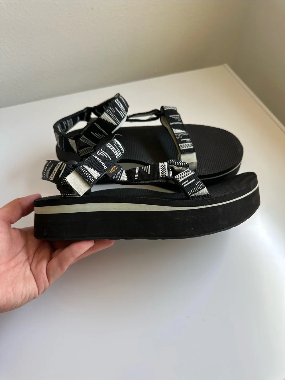 Teva Black & Mint Platform Sandals with Patterned Straps